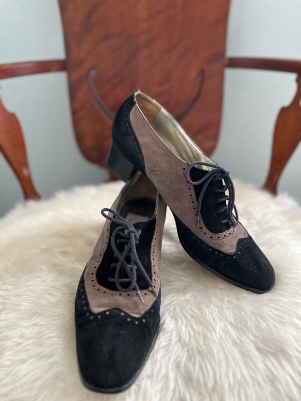 Joan & David Two-Tone Black and Taupe Suede Wingtip Lace-Up Heels